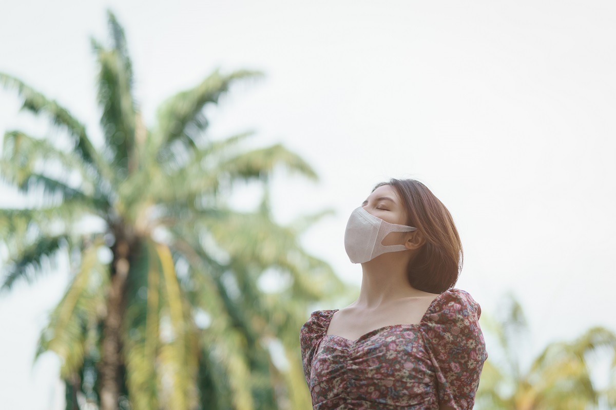 A Woman Wearing Face Mask In The Park. Corona Virus Or Covid 19